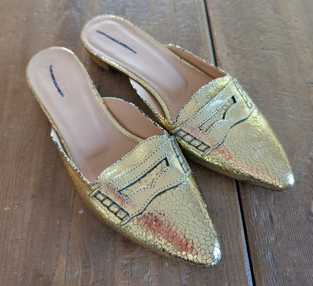 J. Crew Crackled Gold Metallic Pointed-Toe Mules Sz 6